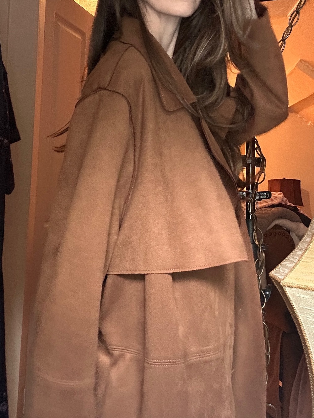 H&M Cognac Faux Suede Draped Trench Duster Coat - Picture 2 of 6